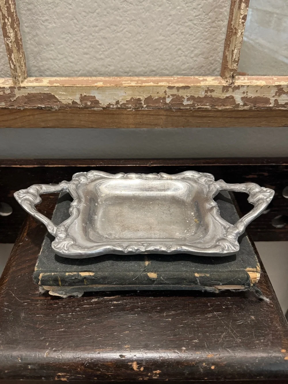 Vintage Decorative Silver-Tone Serving Tray with Handles